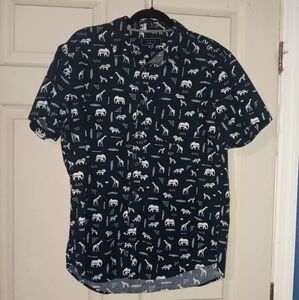 21men Dark Blue Animal Pattern Men's Button Down Shirt Sz L